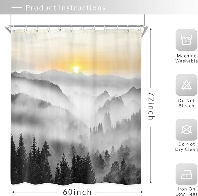 Riyidecor Misty Mountain Shower Curtain 60Wx72H Inch Sunrise Foggy Woodland - Image 5