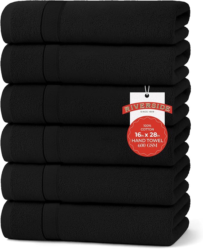 RIVERSIDE 6 Pack Premium Hand Towels Set, 16x28 inches, 100% Ring Spun Cotton by RIVERSIDE