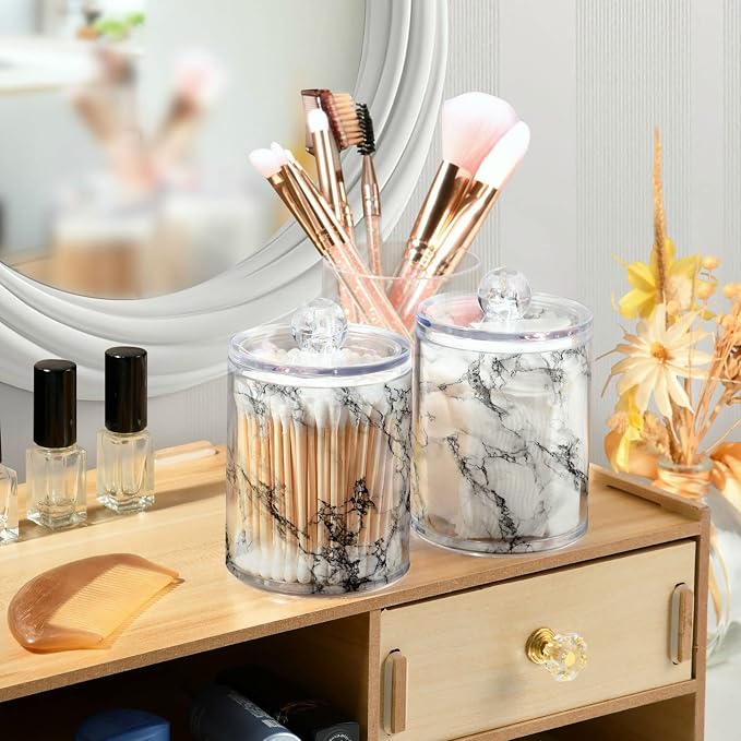 MNSRUU 2 Pack Qtip Holder Organizer Dispenser Stylish White Marble Texture - Image 6