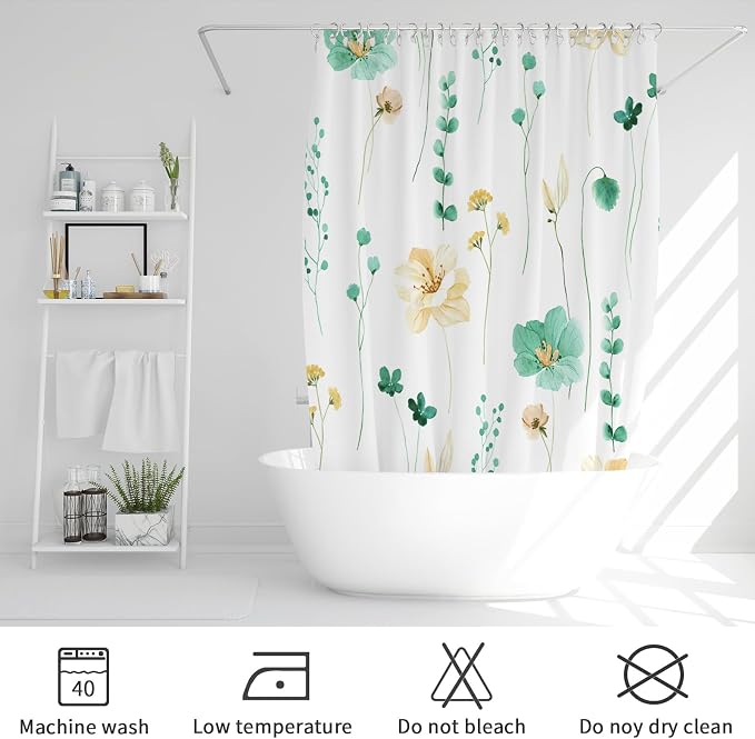 Gibelle Watercolor Floral Shower Curtain, Mint Green Beige Flower Shower Curtain - Image 6