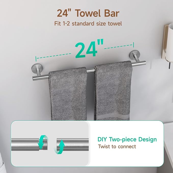 USHOWER Brushed Nickel Bathroom Hardware Set, Modern 24-Inch Towel Bar Set Wall - Image 3