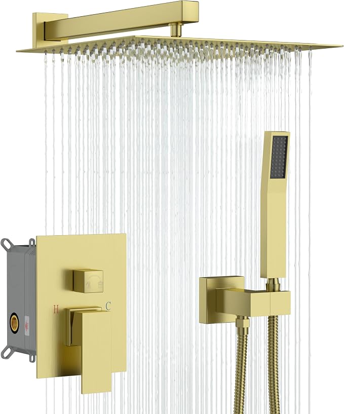 Lordear 12 Inch Rainfall Shower System Wall Mounted Shower Head Faucet Set Gold by LORDEAR