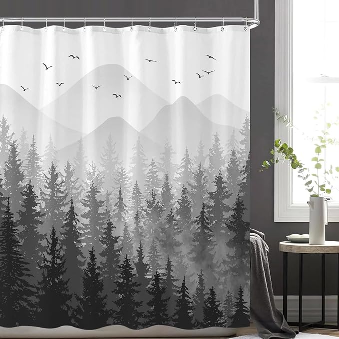 Aipon Black Misty Forest Shower Curtain Gray Ombre Nature Tree Plants Shower - Image 4