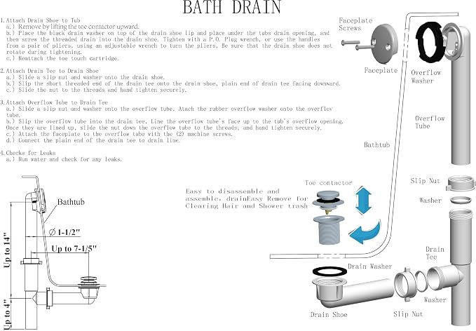 Yariwiz 1-1/2" Matte Black Bathtub Tub Drain Kit Bath Waste Overflow Drain Tube - Image 8