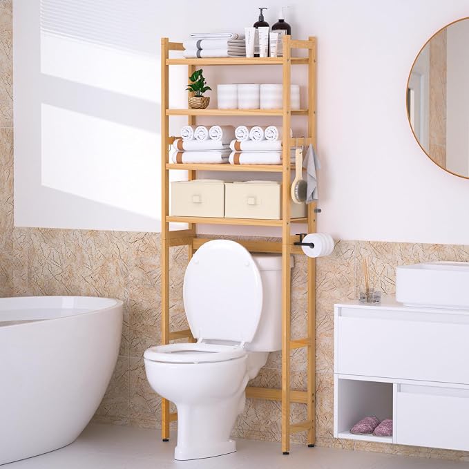 Over The Toilet Storage with 2 Baskets, 4-Tier Bamboo Organizer Rack with Paper - Image 2