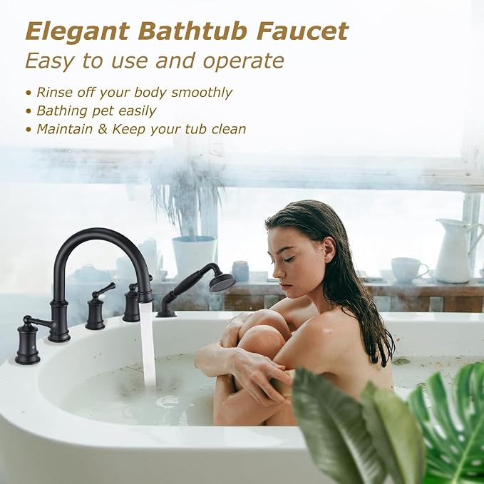 Matte Black Roman Bathtub Faucet Set 5 Hole Deck Mount, Classic Tub Filler - Image 6