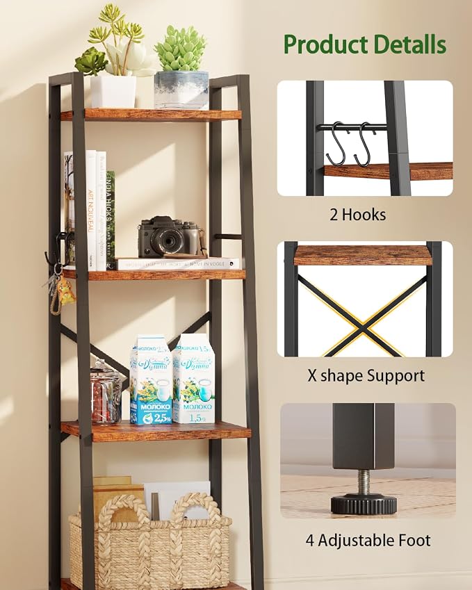 Furologee 4 Tier Ladder Bookshelf Narrow, Metal Wooden Ladder Shelf Bookcase - Image 8