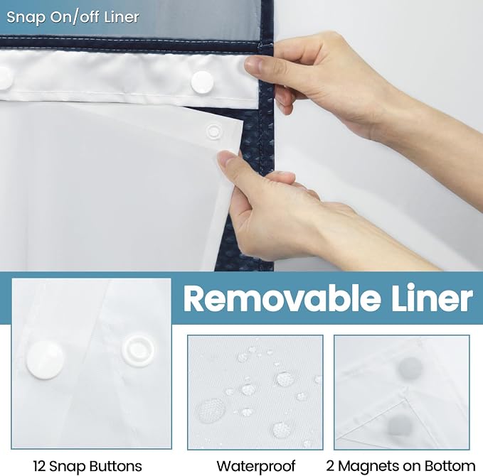 Navy Blue Long No Hook Shower Curtain - Image 6