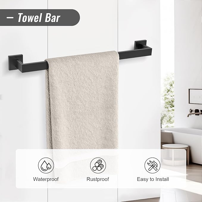 YACVCL 5 Pieces Matte Black Bathroom Hardware Accessorie Set 23.6 Inch Towel - Image 2
