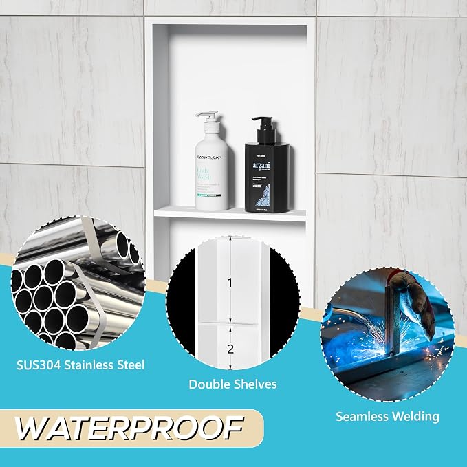 Neodrain White Shower Niche Insert Tile Ready, Stainless Steel Wall Niche - Image 4