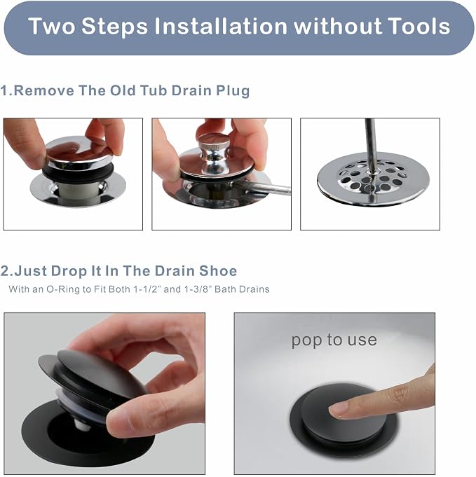 Matte Black Tub Drain Stopper, Hidrop Pop Up Universal Tub Dain Tip Toe Bathtub - Image 5