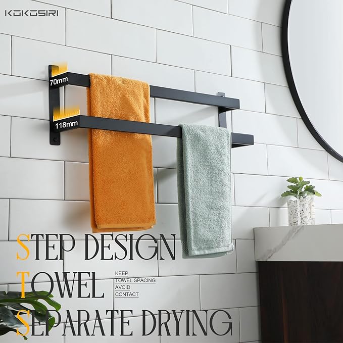 KOKOSIRI Towel Bars Black Bath Towel Holders 24-Inch Bathroom 2-Tiers Ladder - Image 5