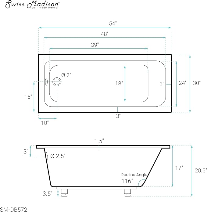 Swiss Madison Voltaire 54" x 30" Reversible Drain Drop-In Bathtub - Image 9