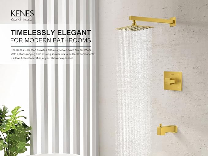 KENES Brushed Gold Tub and Shower Trim Kit, Square Tub Shower Faucet Set - Image 2