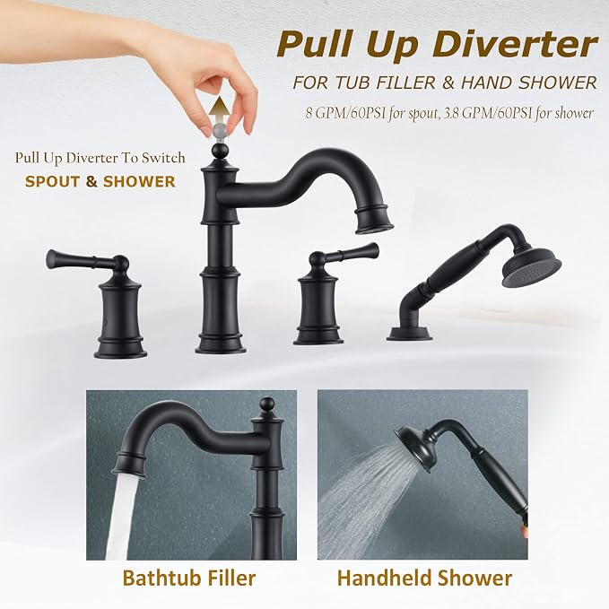 Roman Bathtub Faucet Set With Hand Shower 4 Hole Deck Mount Tub Filler With - Image 3