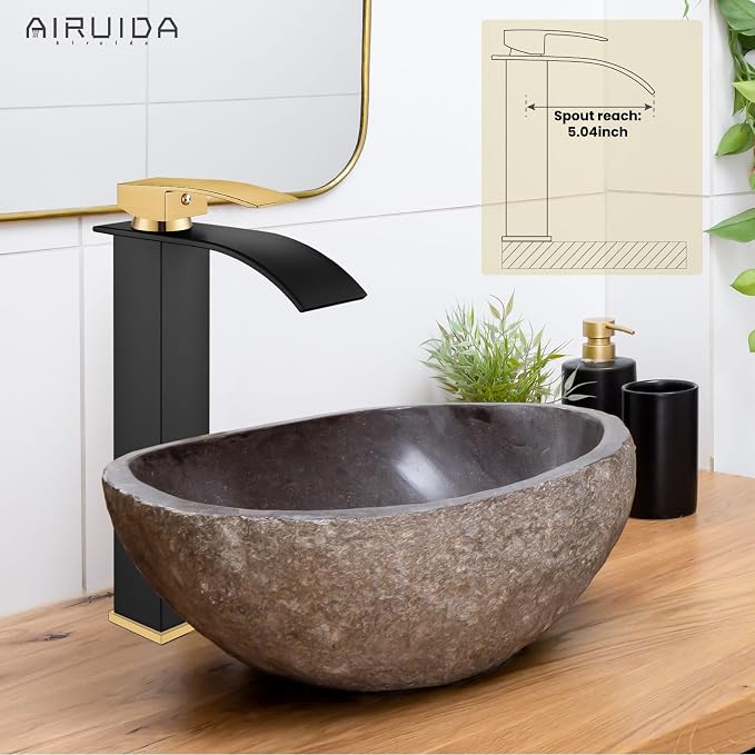 Airuida Waterfall Bathroom Tall Vessel Faucet Matte Black&Brushed Gold Vanity - Image 3