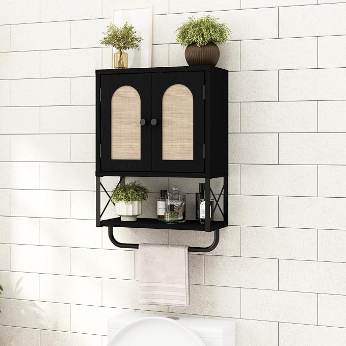 RUSTOWN Rattan Bathroom Wall Cabinet, Boho Over The Toilet Storage Cabinet - Image 9
