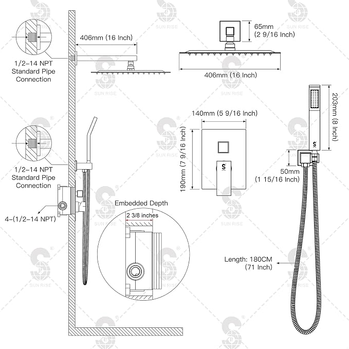 SR SUN RISE Matte Black Square Rainfall Shower Head and Handle Set, Wall - Image 3