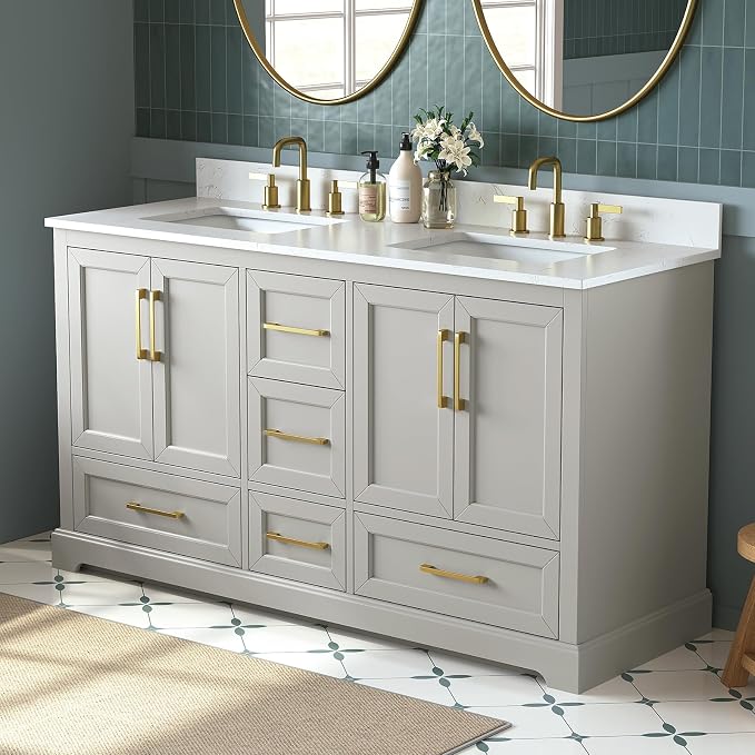 60 Inch Bathroom Vanity with Double Sink Combo, Solid Wood Frame with Mable Top - Image 3