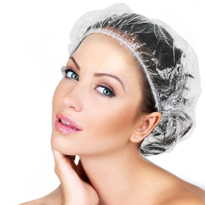 50PCS Disposable Shower Caps, Plastic Clear Thickening Bath Hair Cap and by AIDIQIU