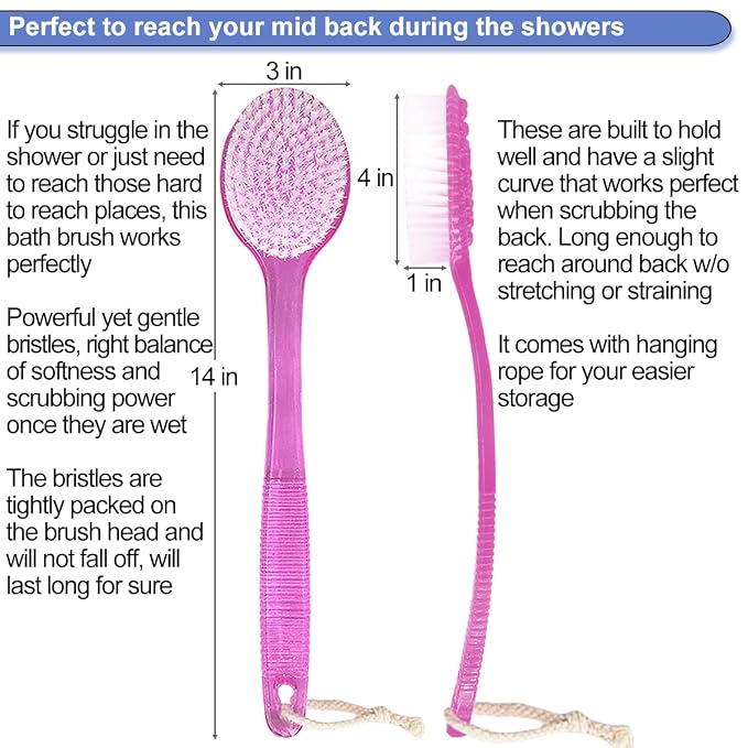 Back Brush for Shower, 14-inch Long Handle Medium Stiff Bristles Bath Scrubber - Image 2