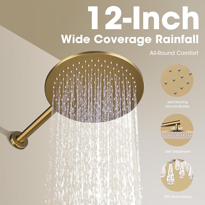 TRUSTMI 12-Inch Brushed Gold Shower System, Brass Wall Mounted Rainfall Shower - Image 2