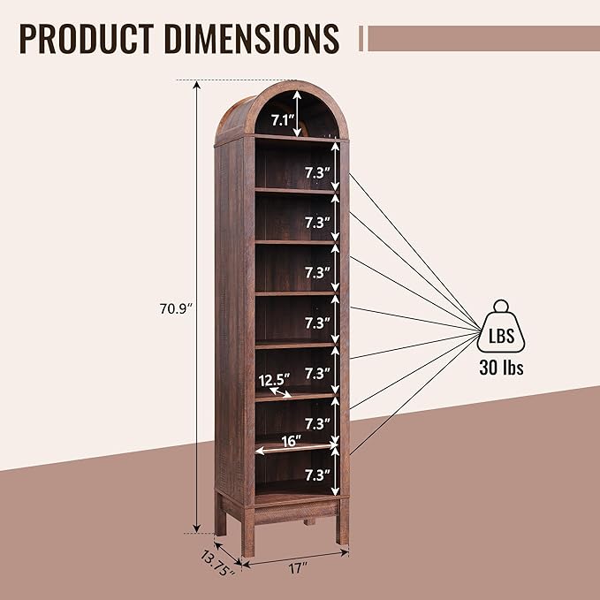 71" Tall Arched Bathroom Storage Cabinet, 8-Tier Modern Farmhouse Storage - Image 2