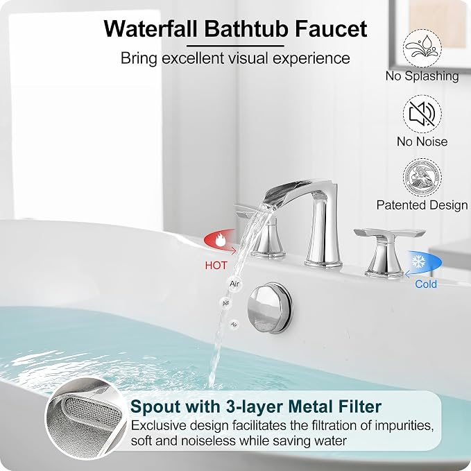 Widespread Waterfall Bathtub Faucet Set, Brass Chrome Roman Tub Faucet 3 Hole 8 - Image 2