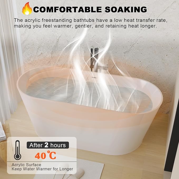 Zavdte 59'' Freestanding Acrylic Bathtub, Gloss White Stand Alone Soaking Tub - Image 5
