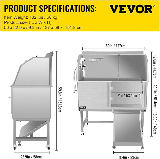 VEVOR Dog Grooming Tub, Professional Stainless Steel Tub Rated 330LBS Load - Image 7