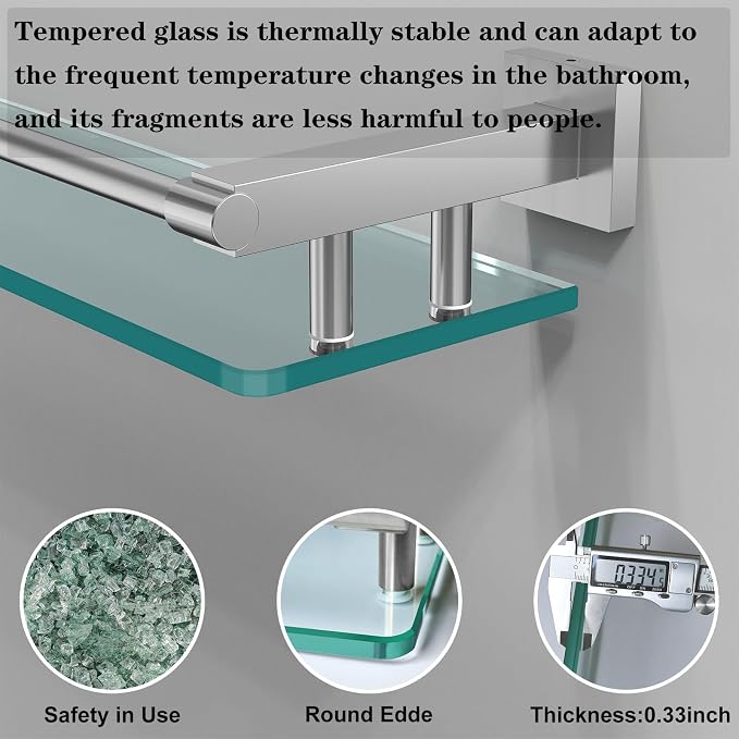 20 Inches Glass Shelf for Bathroom, Brushed Nickel Glass Shelves for Wall - Image 4