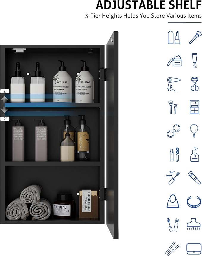 eclife 24" Bathroom Medicine Cabinet W/Mirror, Single Door Bathroom Black Wall - Image 5