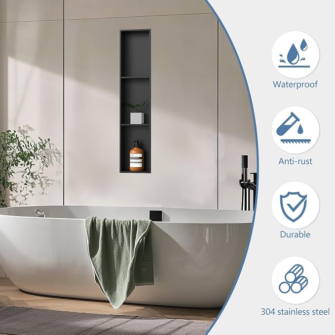 Homevacious 8" X 36" Stainless Steel Shower Niche No Tile Needed Matte Black 3 - Image 4