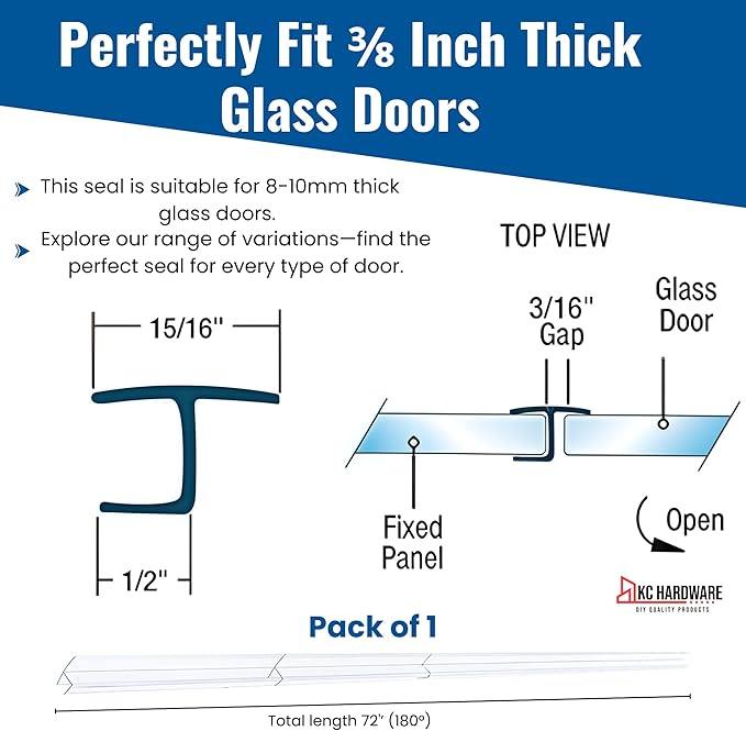 CBW Frameless Shower Door Side Seal Strip H-Type 180 Degree 72'' Length - Image 3