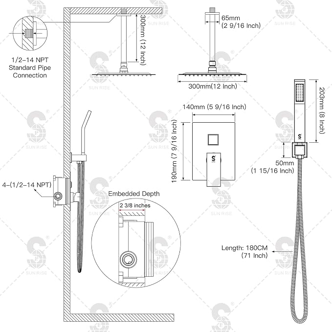 SR SUN RISE 12 Inch Ceiling Mount Brushed Nickel Shower System Bathroom Luxury - Image 8