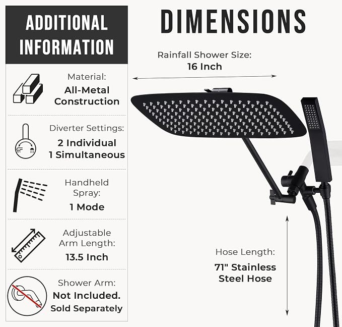 G-Promise All Metal 16 Inch Dual Square Shower Head - Image 6
