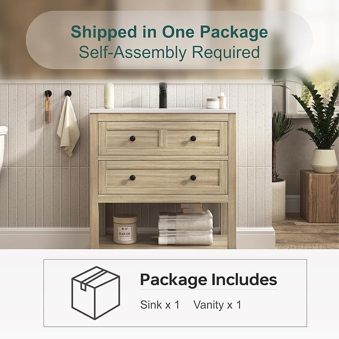 30 Inch Bathroom Vanity with Sink, Farmhouse Storage Cabinet with Drawers & - Image 9