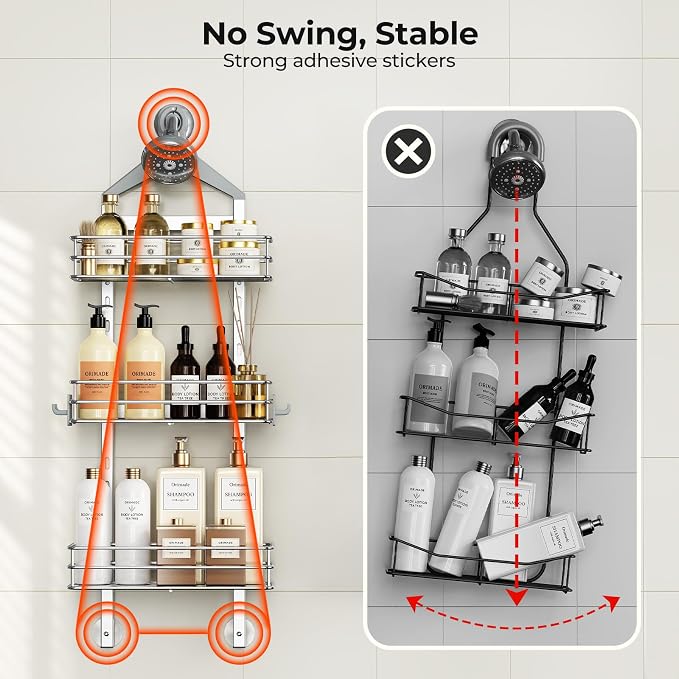 Orimade Aluminum Hanging Shower Caddy Over Head, Adjustable Anti-Slip Bathroom - Image 4