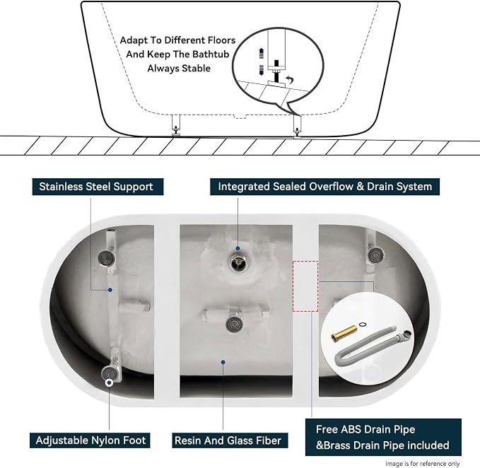 FerdY Shangri-La 55" Acrylic Freestanding Bathtub, Classic Oval Shape Soaking - Image 4