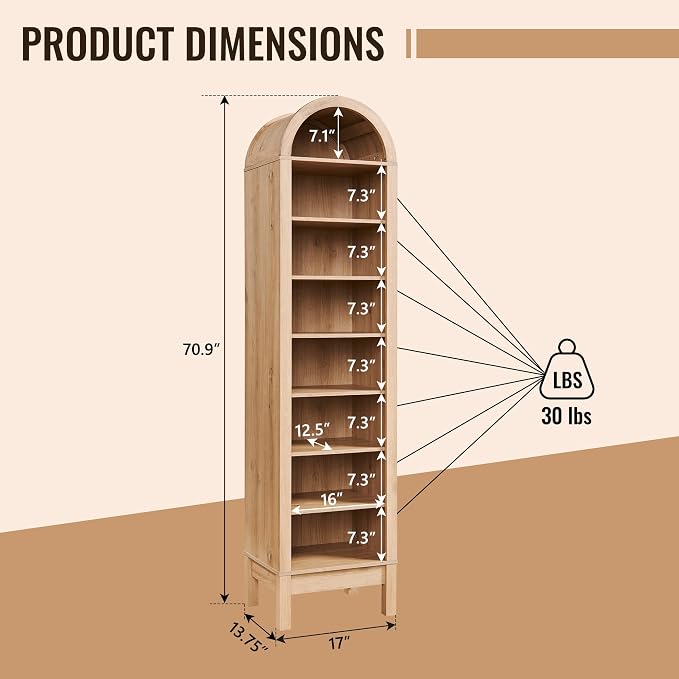 71" Tall Arched Bathroom Storage Cabinet, 8-Tier Modern Farmhouse Storage - Image 2
