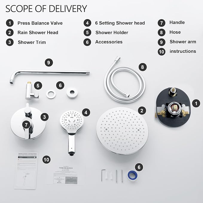 Polished Chrome Shower Faucet Set, Wall Mount Rain Shower System 10 Inches - Image 7