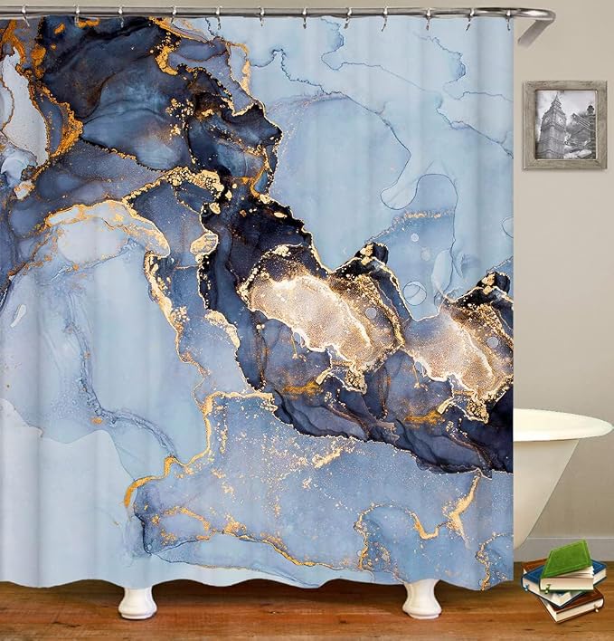 Domoku Blue Marble Shower Curtain 72x72 – Blue and Gold Waterproof Fabric - Image 8