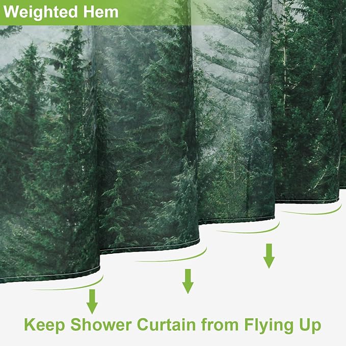 ORTIGIA Green Shower Curtain for Bathroom Misty Forest Pattern, Nature Woodland - Image 6