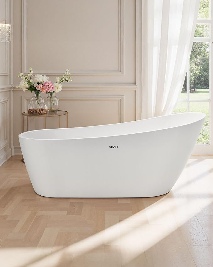 VEVOR Acrylic Freestanding Bathtub, 67 Inch Contemporary Soaking White Tub - Image 7