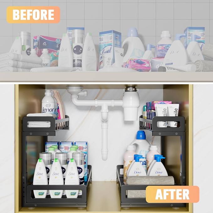 Under Sink Organizer 2 Pack, Metal Large Capacity 2-Tier Sliding Cabinet - Image 6
