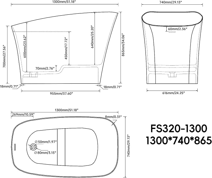51'' Japanese Soaking Tub Freestanding Bathtub Resin Stone Bathtubs Deep - Image 4