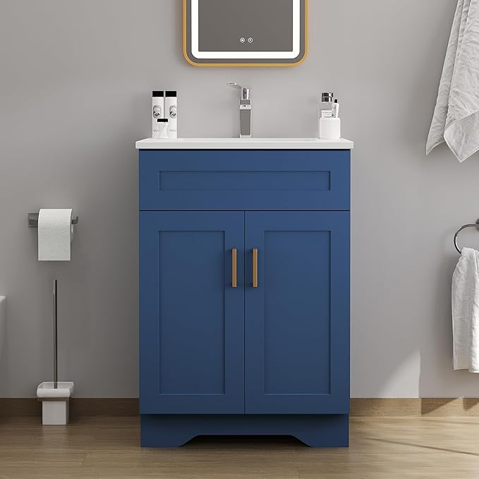 24" Bathroom Vanity with Ceramic Sink, Freestanding Modern Wooden Soft-Close by Chyanmoo