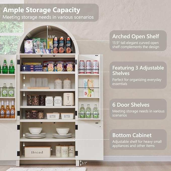 71" Tall Arched Bathroom Storage Cabinet, Modern Fluted Storage Cabinet w/Doors - Image 4