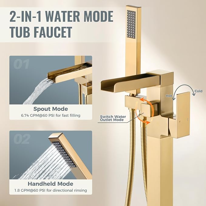Freestanding Tub Faucet Brushed Gold: ALEASHA High Flow Max 6.74 GPM Free - Image 3