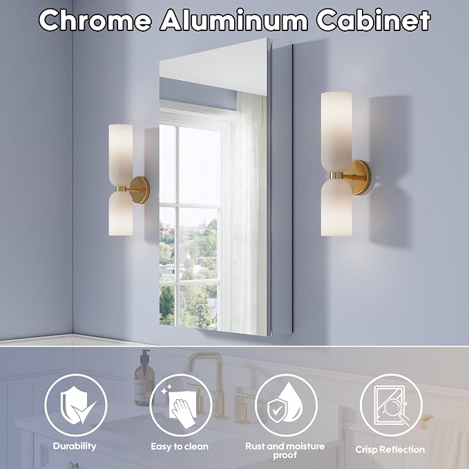 WELLFOR 20" x 36" Bathroom Medicine Cabinet, Anodized Chrome Aluminum Frame - Image 3